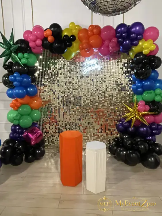 Vibrant Disco Theme Birthday Balloon Backdrop With Shimmer Wall