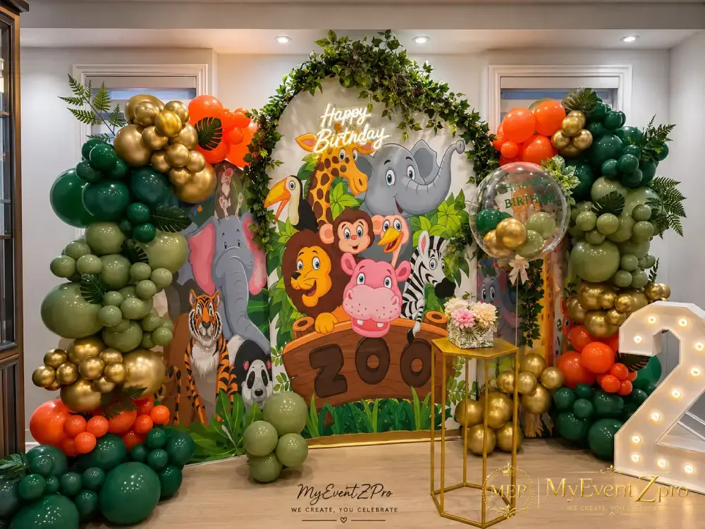 Jungle Safari Theme Birthday Balloon Backdrop Arch With Zoo Animals & Neon Sign