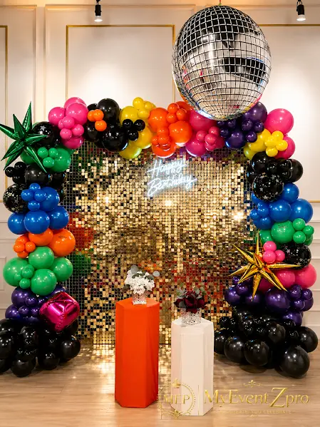 Vibrant Disco Theme Birthday Balloon Backdrop With Shimmer Wall