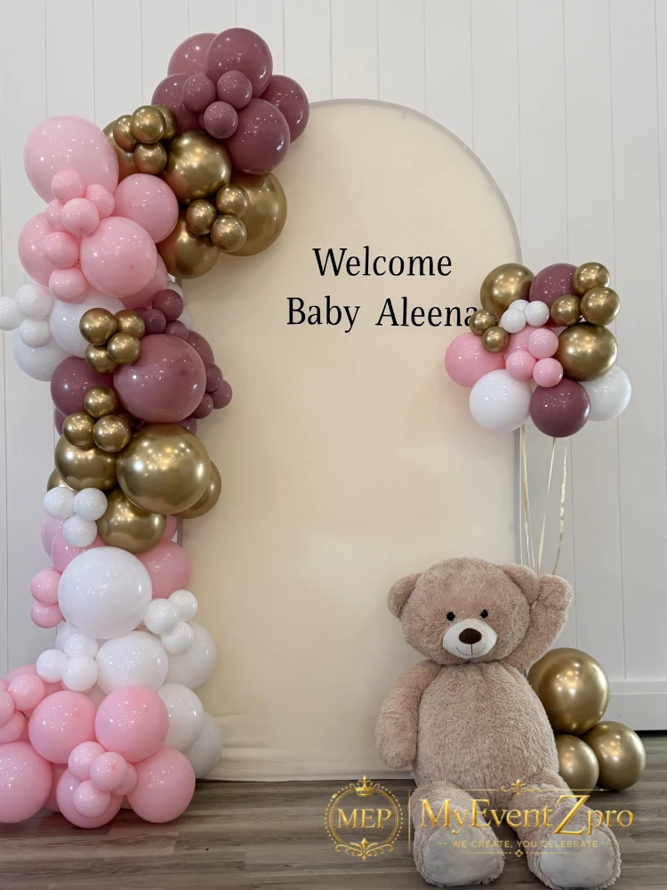 Elegant Pink, Gold & Dusty Rose Teddy Bear Balloon Arch Backdrop