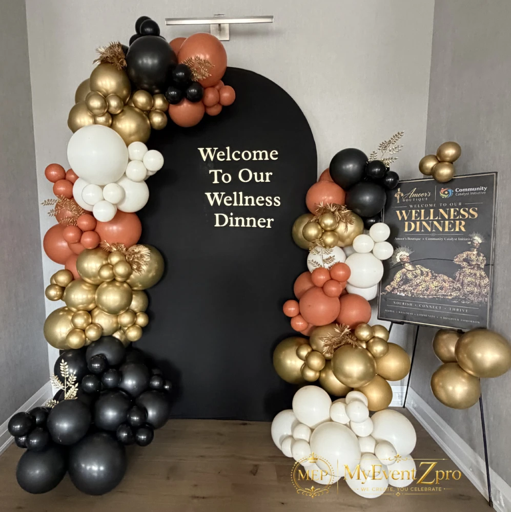 Elegant Black Arch & Earthy Tones Balloon Backdrop Setup